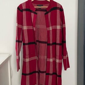 Tartan-Patterned Red Cardigan by Tahari